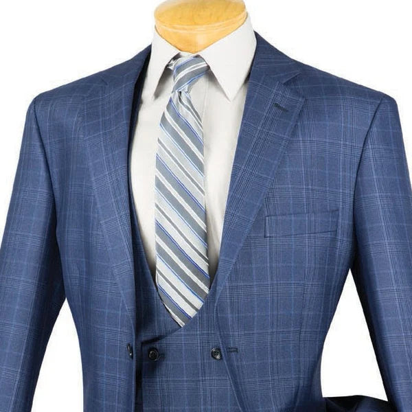 Vinci Classic Fit 3pc Plaid Suit (Oxford Blue)