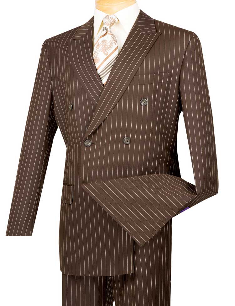 Vinci Classic Fit Executive Double Breasted Suit Gangster Stripe w/Adjustable Waistband (Brown)
