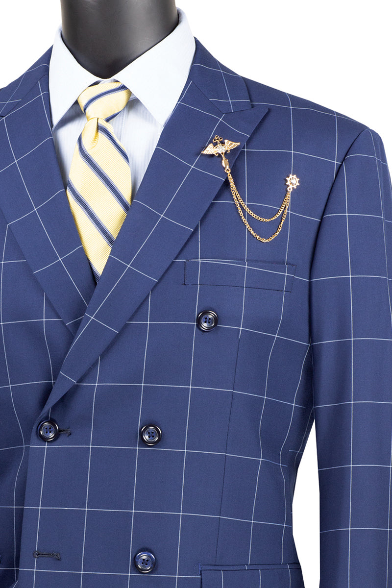 Vinci Double Breasted Modern Fit Windowpane Suit (Blue)