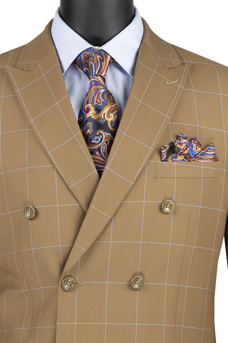 Vinci Double Breasted Modern Fit Windowpane Suit (Camel)