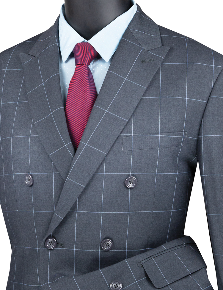 Vinci Double Breasted Modern Fit Windowpane Suit (Medium Gray)