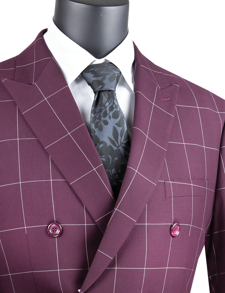 Vinci Double Breasted Modern Fit Windowpane Suit (Wine)