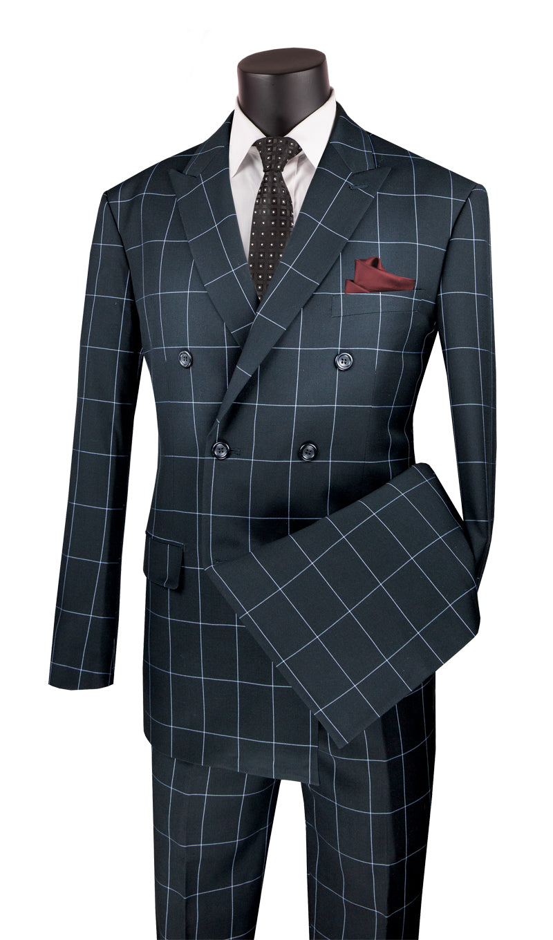 Vinci Double Breasted Modern Fit Windowpane Suit (Black)