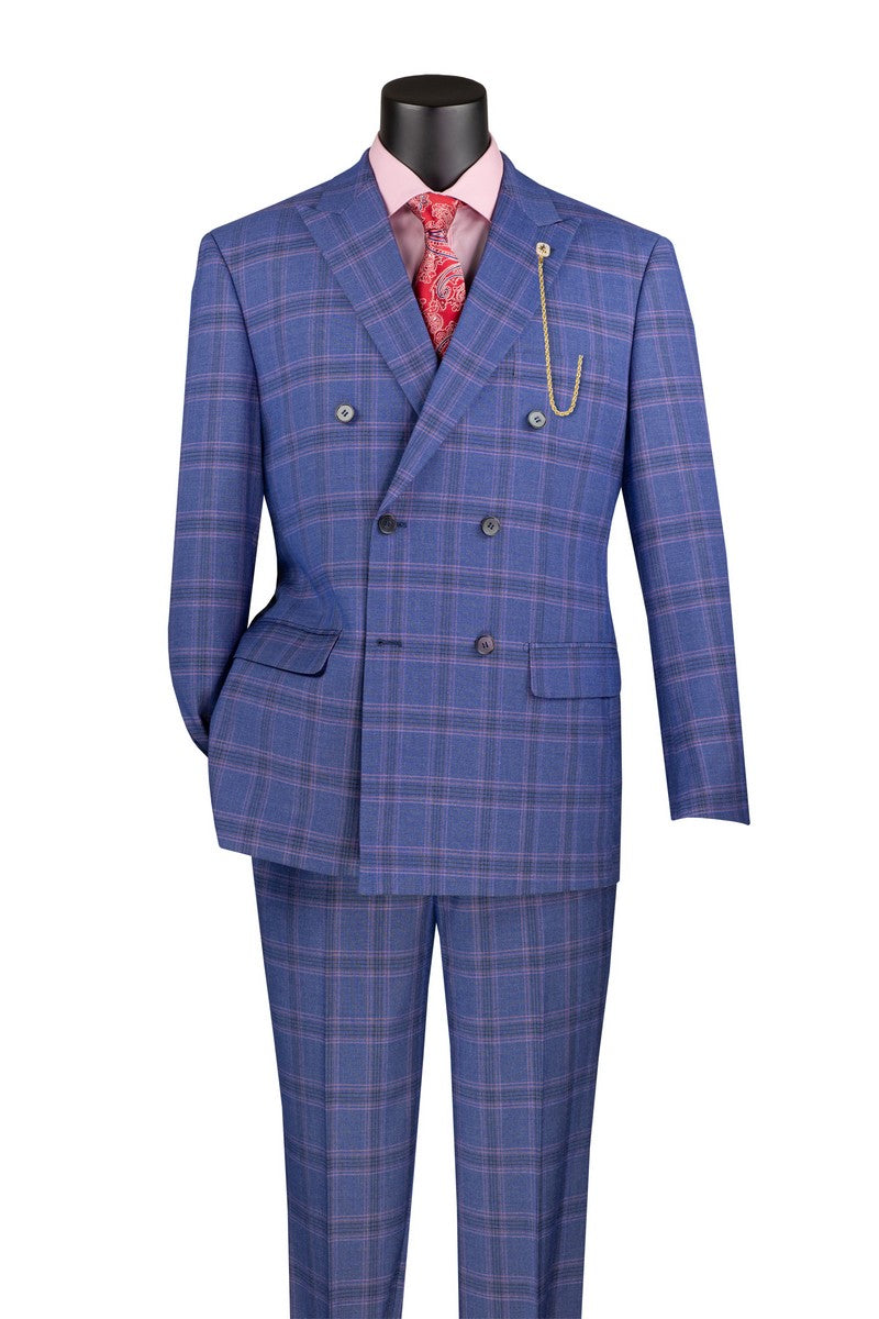 Vinci Double Breasted Modern Fit Stretch Fabric Glen Plaid Suit (Blue)