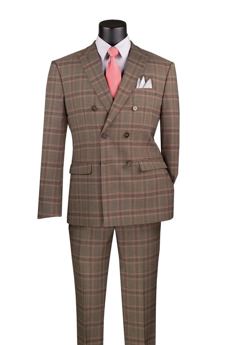 Vinci Double Breasted Modern Fit Stretch Fabric Glen Plaid Suit (Brown)