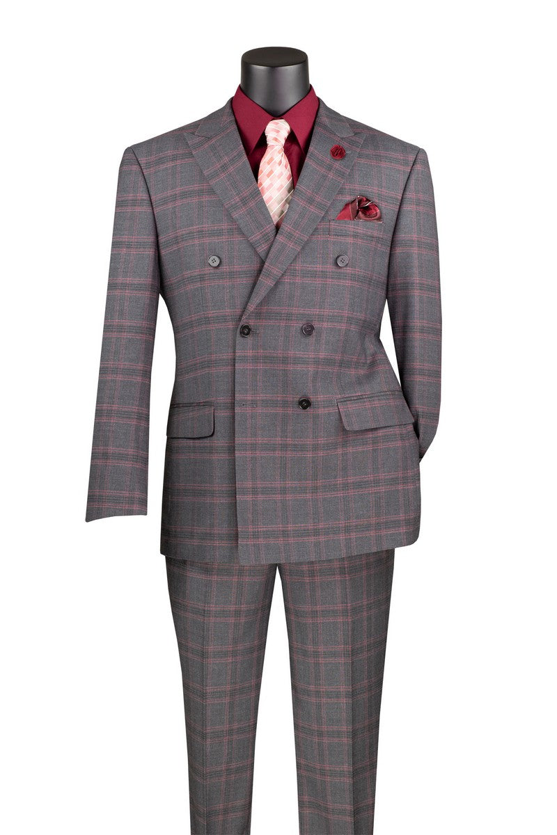 Vinci Double Breasted Modern Fit Stretch Fabric Glen Plaid Suit (Charcoal)