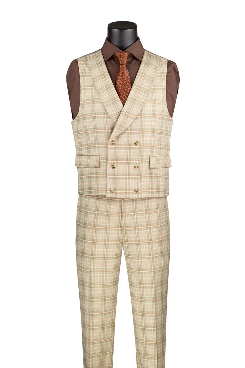 Vinci Modern Fit 3pc w/Peak Lapel DB Vest Suit (Khaki)