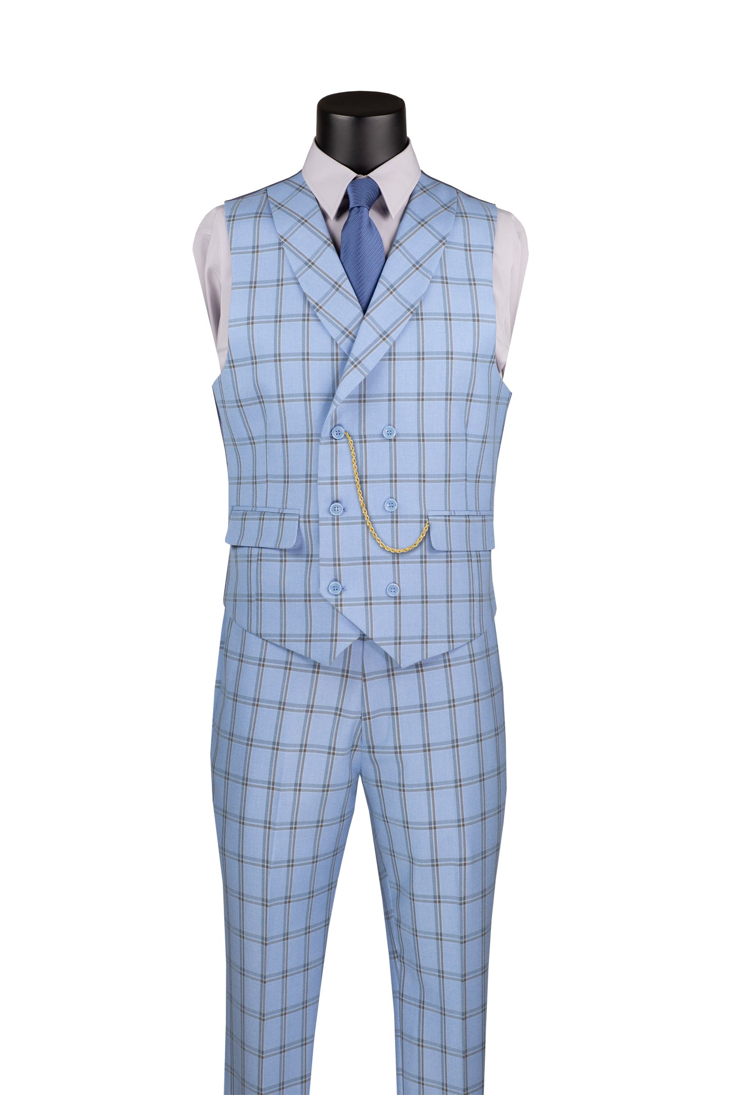 Vinci Modern Fit 3pc Notch Lapel w/DB Vest Suit (Light Blue)