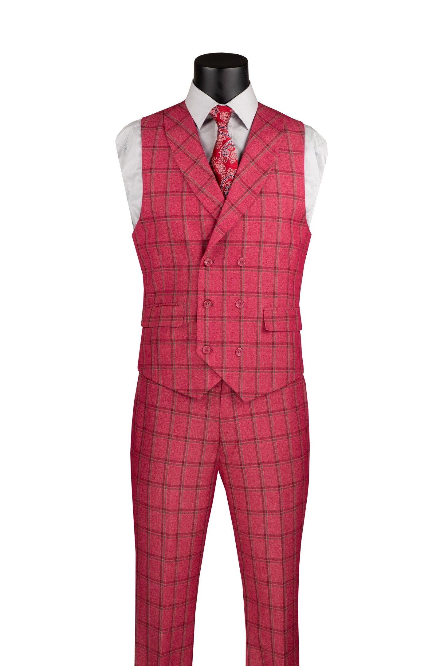 Vinci Modern Fit 3pc Notch Lapel w/DB Vest Suit (Raspberry)