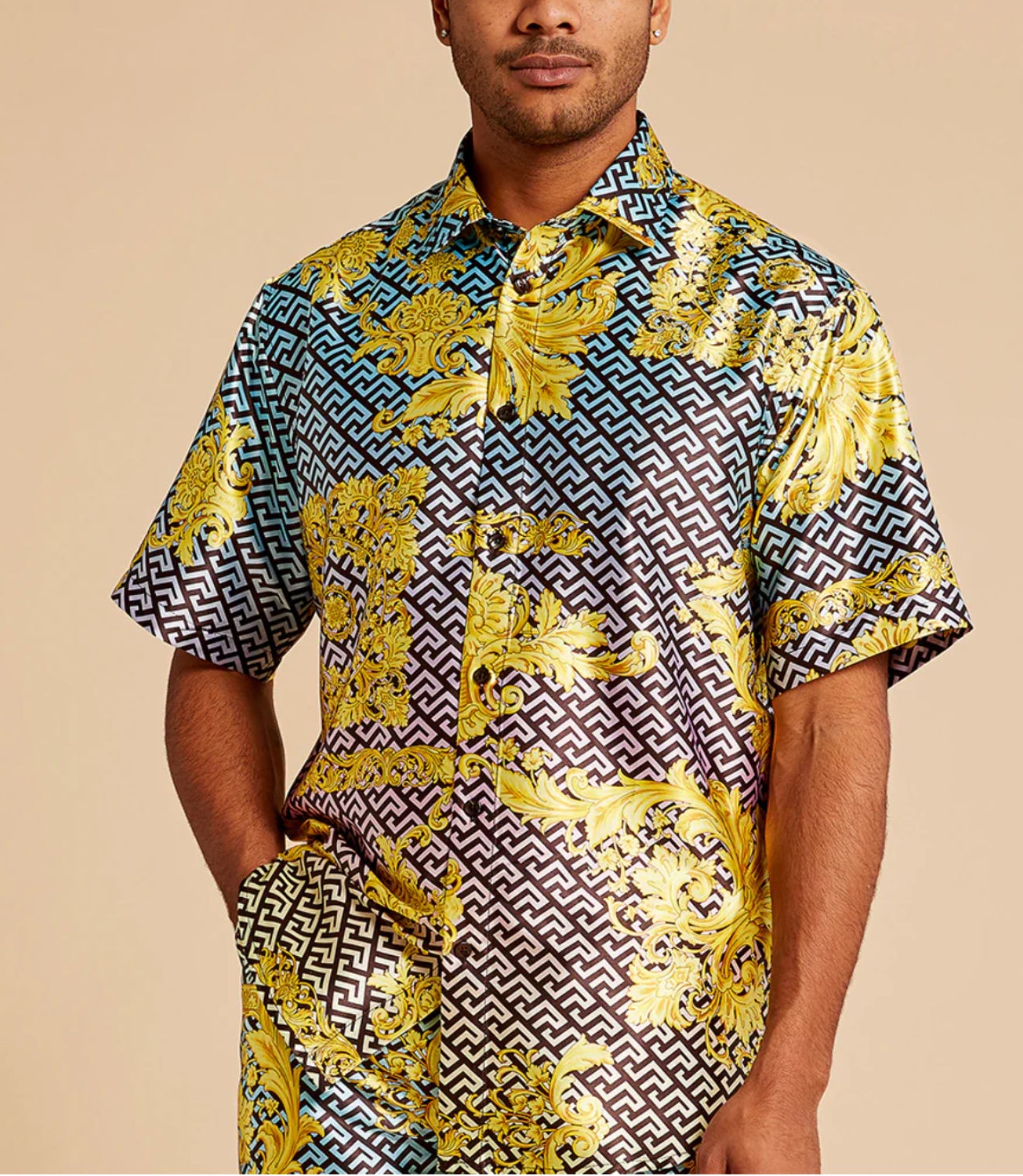 Inserch Short Sleeve Grecian Print Shirt
