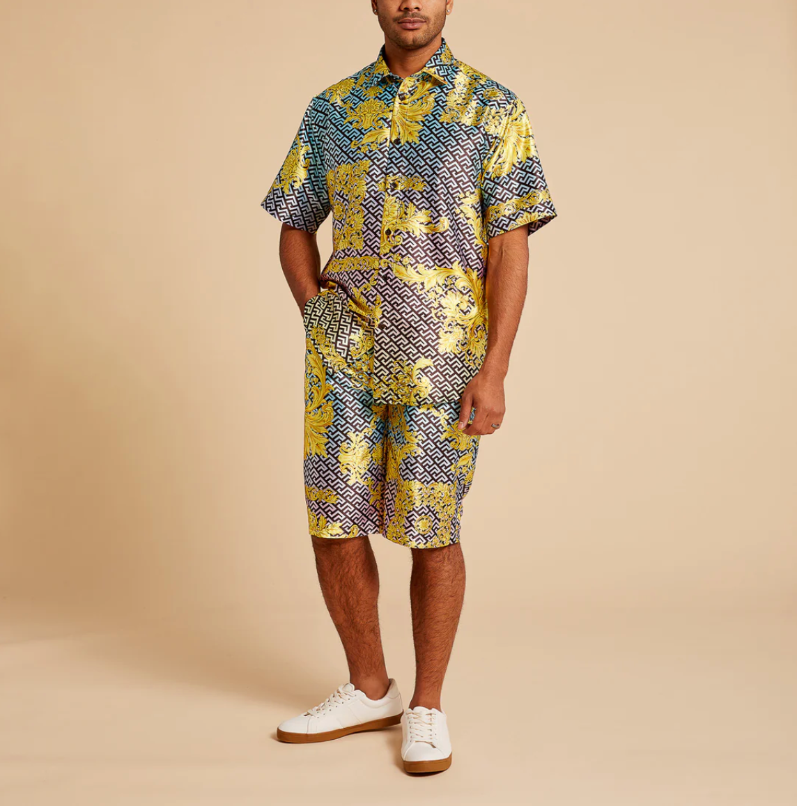 Inserch Short Sleeve Grecian Print Shirt