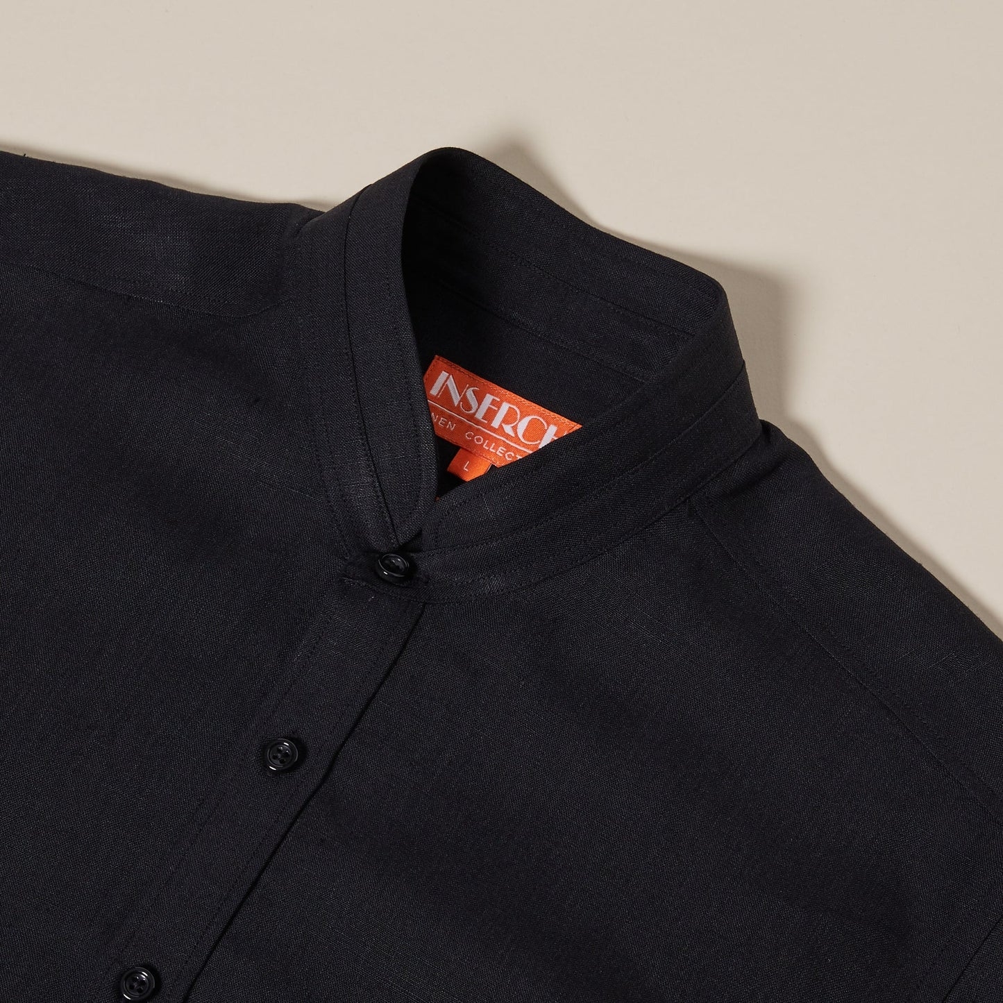 Inserch Short Sleeve Banded Collar Linen Shirt