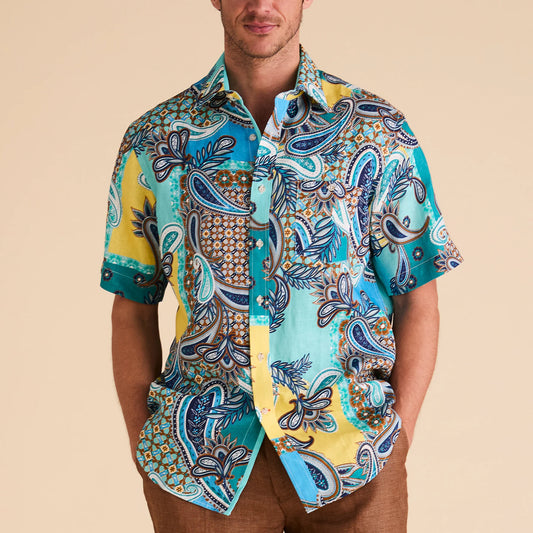 Inserch Short Sleeve Mediterranean Paisley Print Linen Shirt