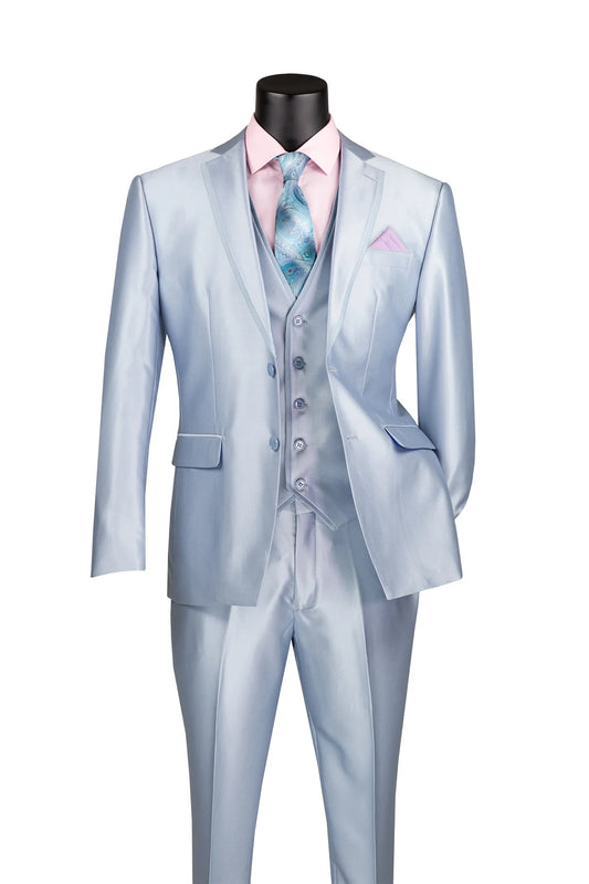 Vinci 3pc Slim Fit Satin Suit (Ice Blue)