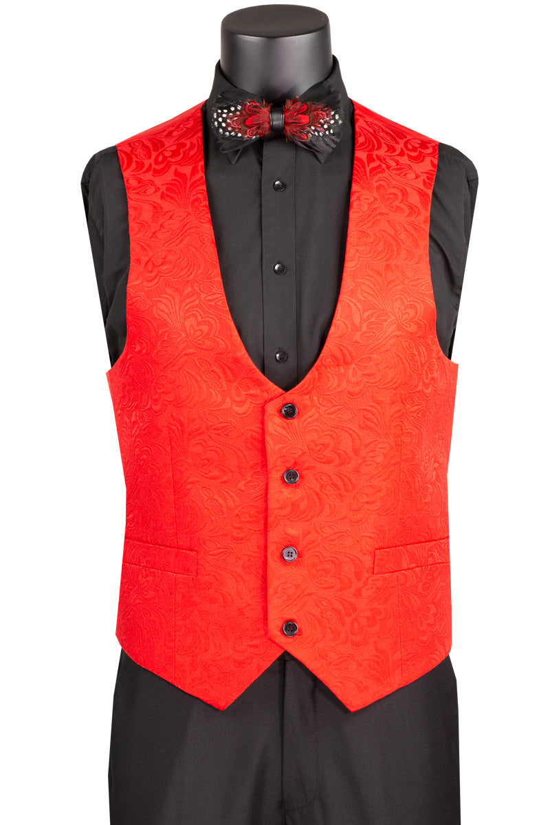 Vinci Slim Fit Vested Jacquard Fabric 1 Button Fashion Tuxedo (Red)