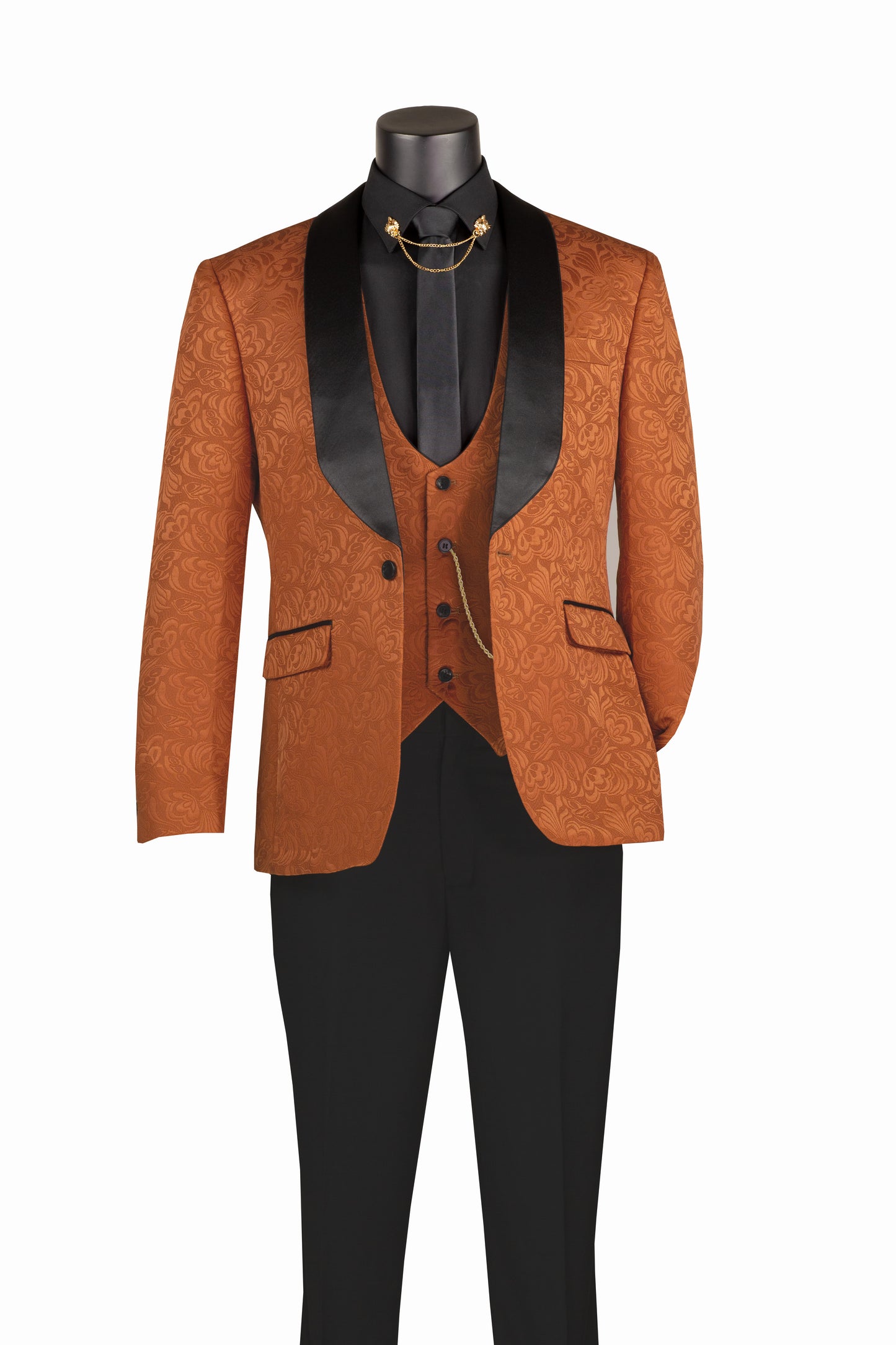Vinci Slim Fit Vested Jacquard Fabric 1 Button Fashion Tuxedo (Caramel)