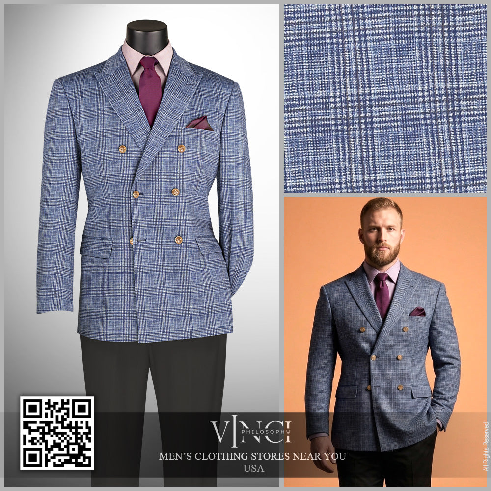 Vinci Double Breasted Regular Fit Windowpane Blazer (Blue)
