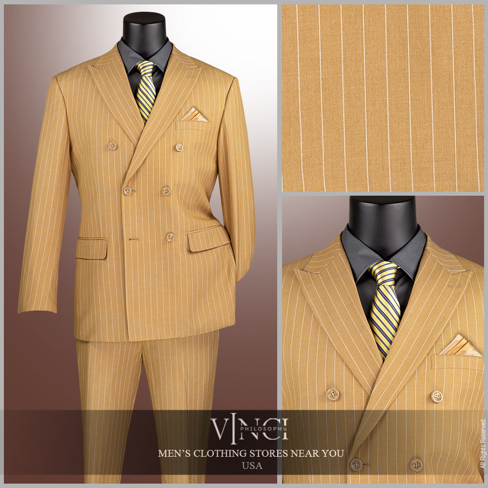 Vinci Classic Fit Executive Double Breasted Suit Gangster Stripe (Camel)