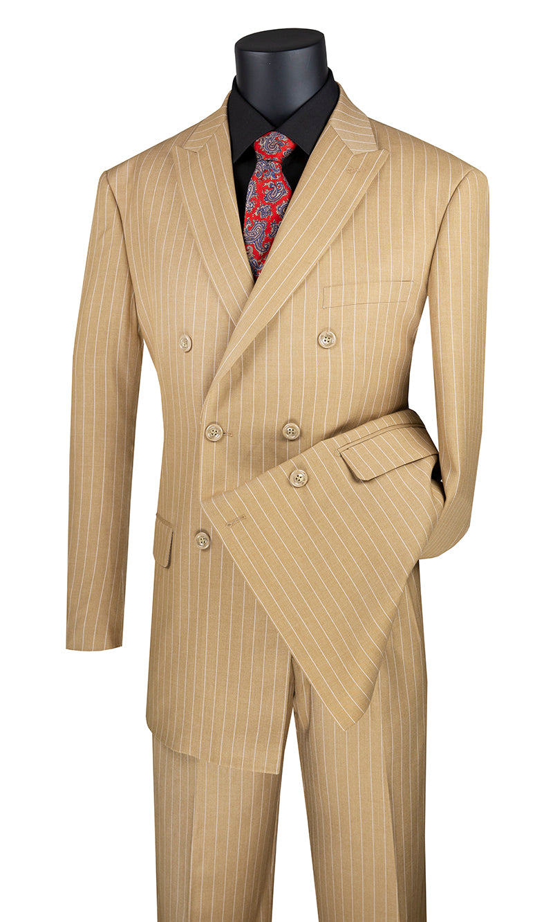 Vinci Classic Fit Executive Double Breasted Suit Gangster Stripe w/Adjustable Waistband (Camel)