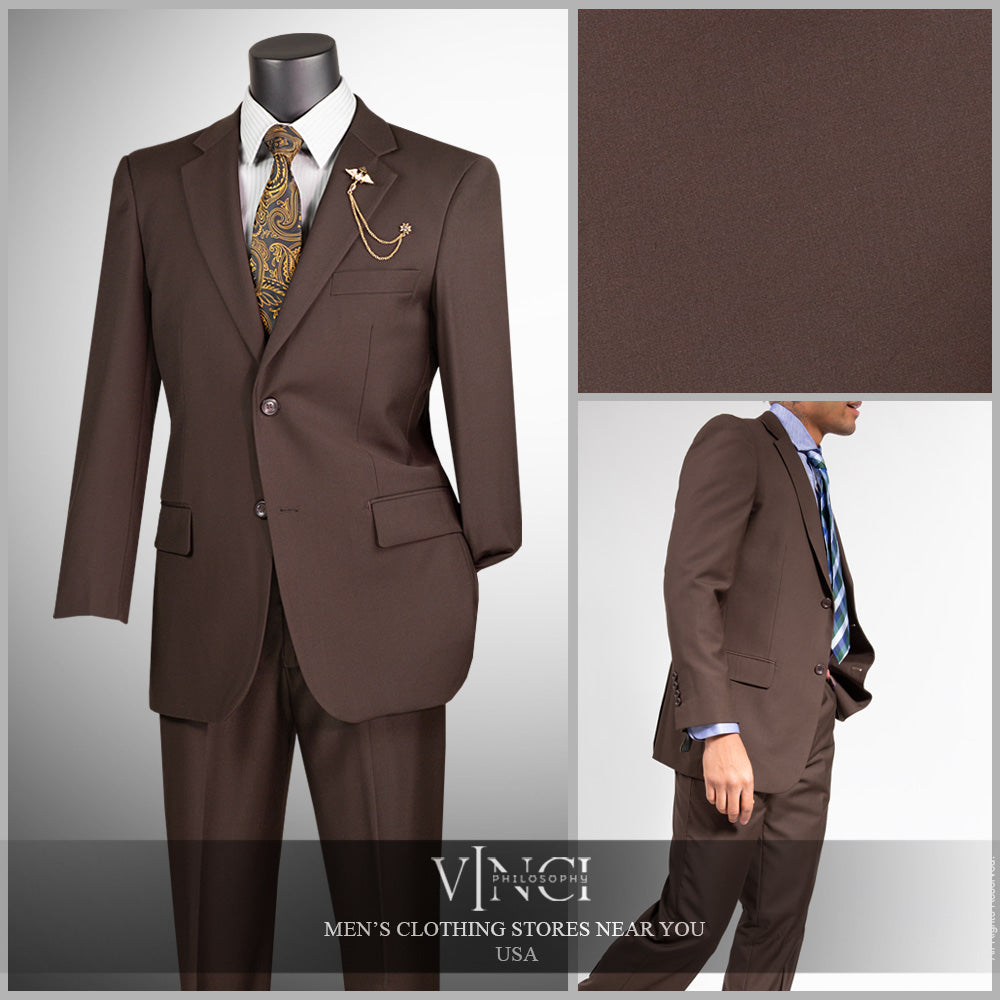 Vinci Executive 2pc Notch Lapel Regular Fit with 2″ Adjustable Waist Band Suit (Brown)