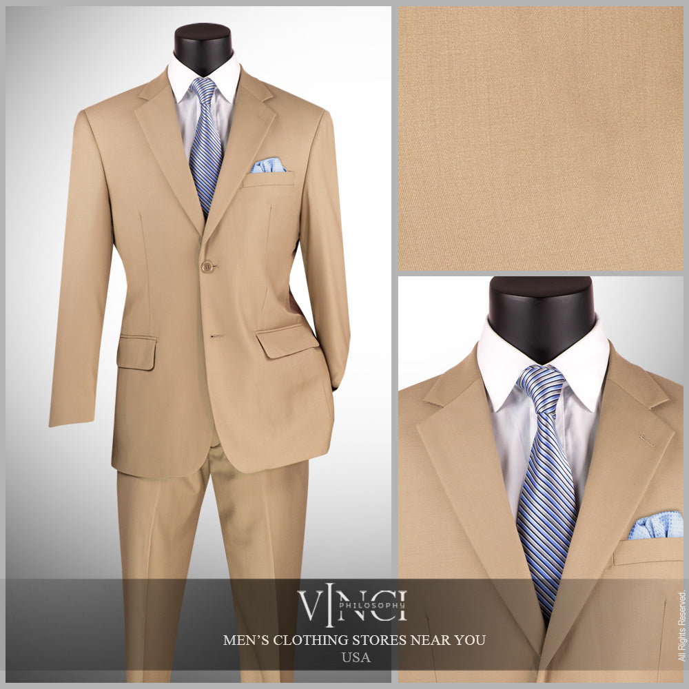 Vinci Executive 2pc Notch Lapel Regular Fit with 2″ Adjustable Waist Band Suit (Light Beige)