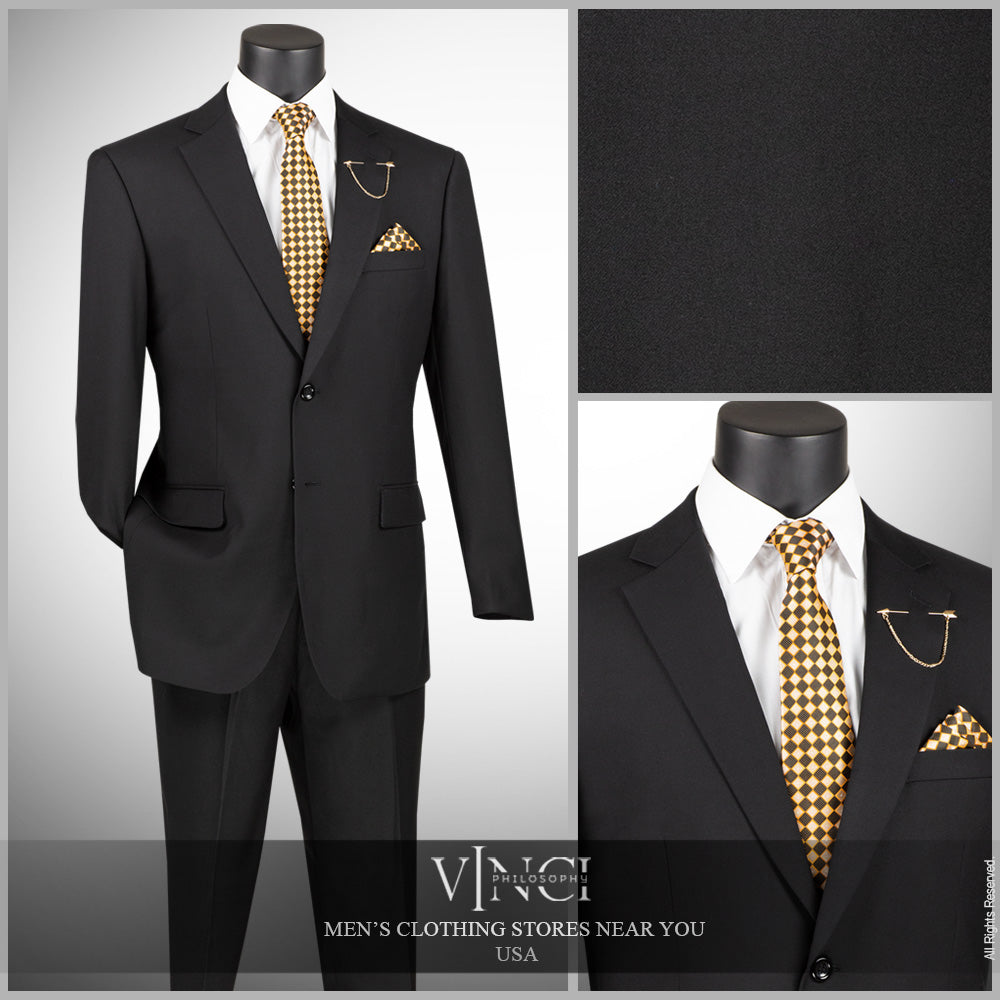 Vinci Executive 2pc Notch Lapel Regular Fit with 2″ Adjustable Waist Band Suit (Black)
