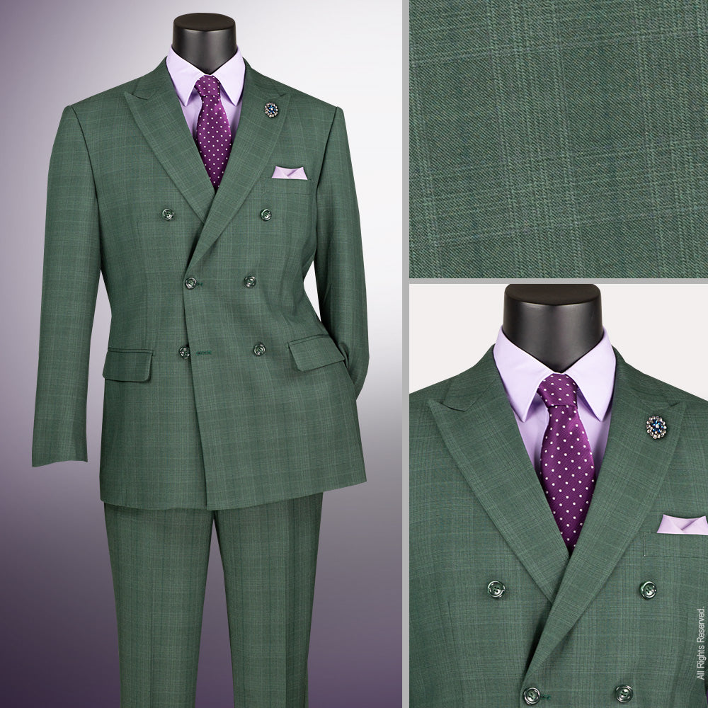 Vinci Classic Fit Double Breasted Glen Plaid Suit w/Adjustable Waistband (Forest Green)