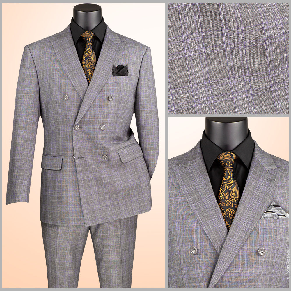 Vinci Classic Fit Double Breasted Glen Plaid Suit w/Adjustable Waistband (Gray)