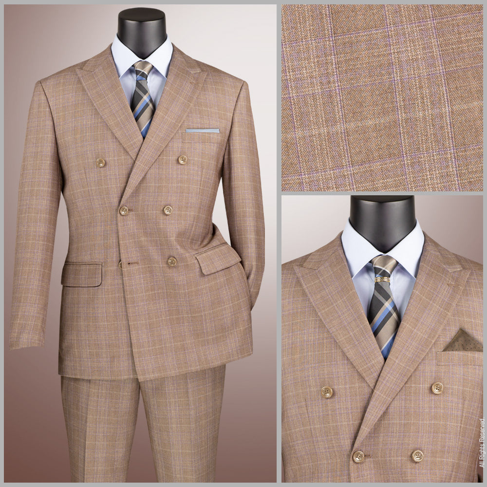 Vinci Classic Fit Double Breasted Glen Plaid Suit w/Adjustable Waistband (Tan)
