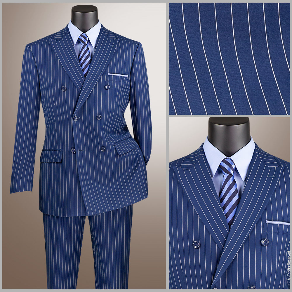 Vinci Classic Fit Executive Double Breasted Suit Gangster Stripe w/Adjustable Waistband (Blue)