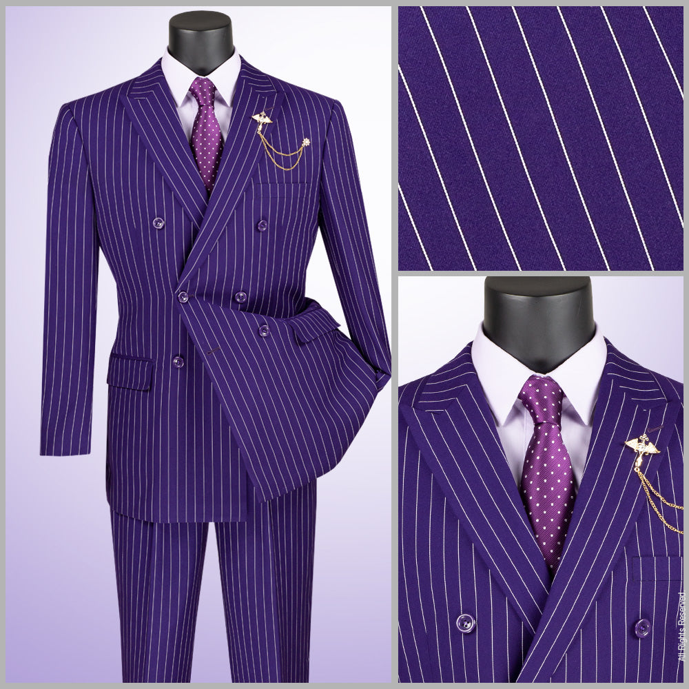 Vinci Classic Fit Executive Double Breasted Suit Gangster Stripe w/Adjustable Waistband (Purple)