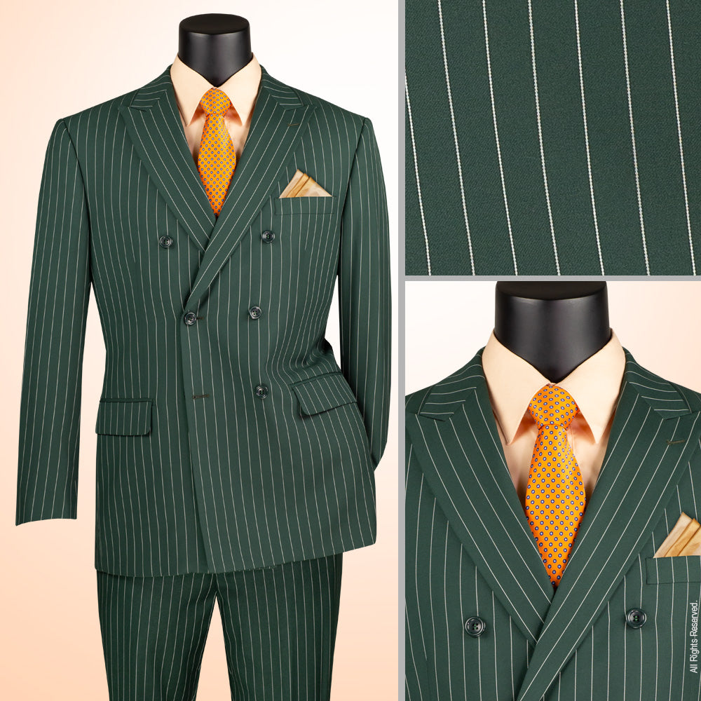 Vinci Classic Fit Executive Double Breasted Suit Gangster Stripe w/Adjustable Waistband (Hunter Green)