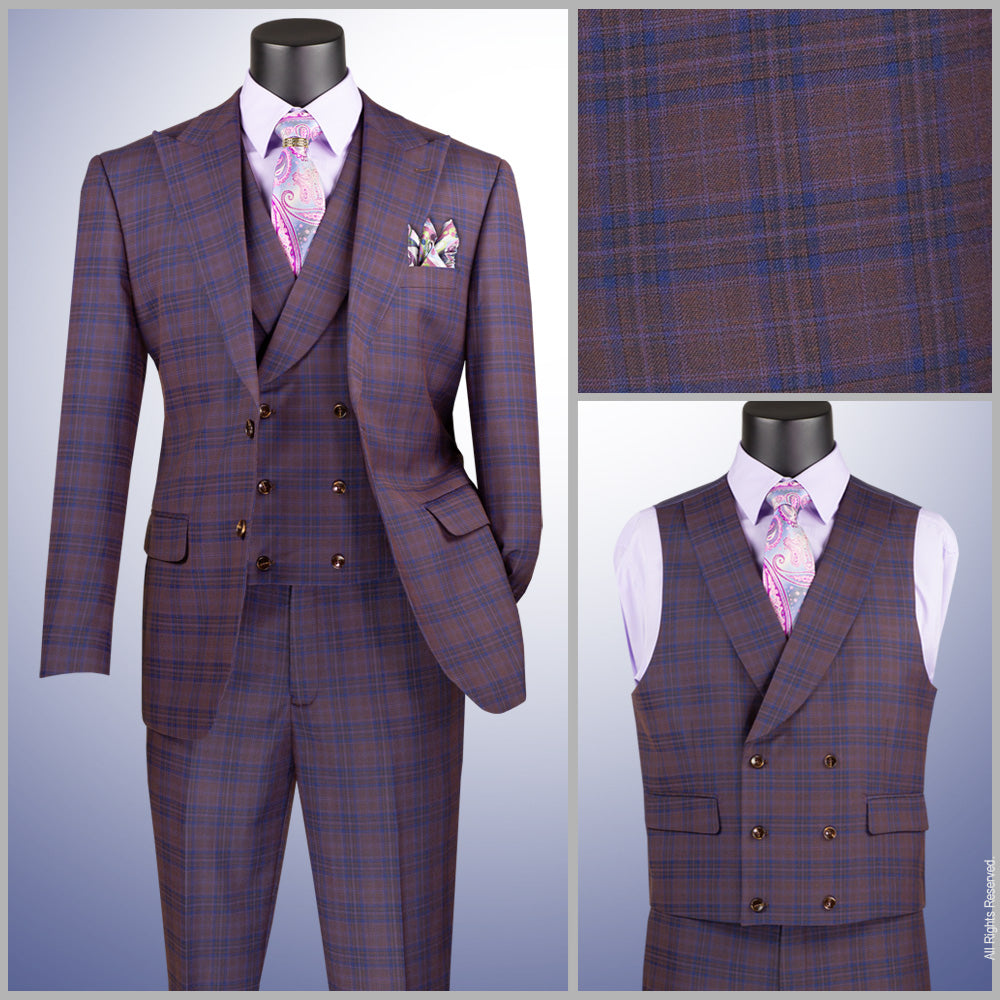 Vinci Modern Fit 3pc w/Peak Lapel DB Vest Suit (Purple)