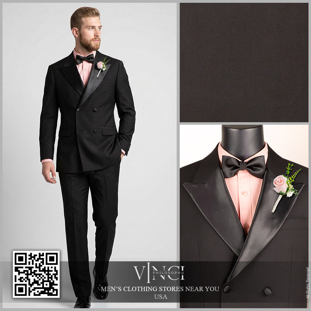 Vinci Double Breasted Regular Fit Tuxedo w/Matching Bow tie & Adjustable Waistband (Black)