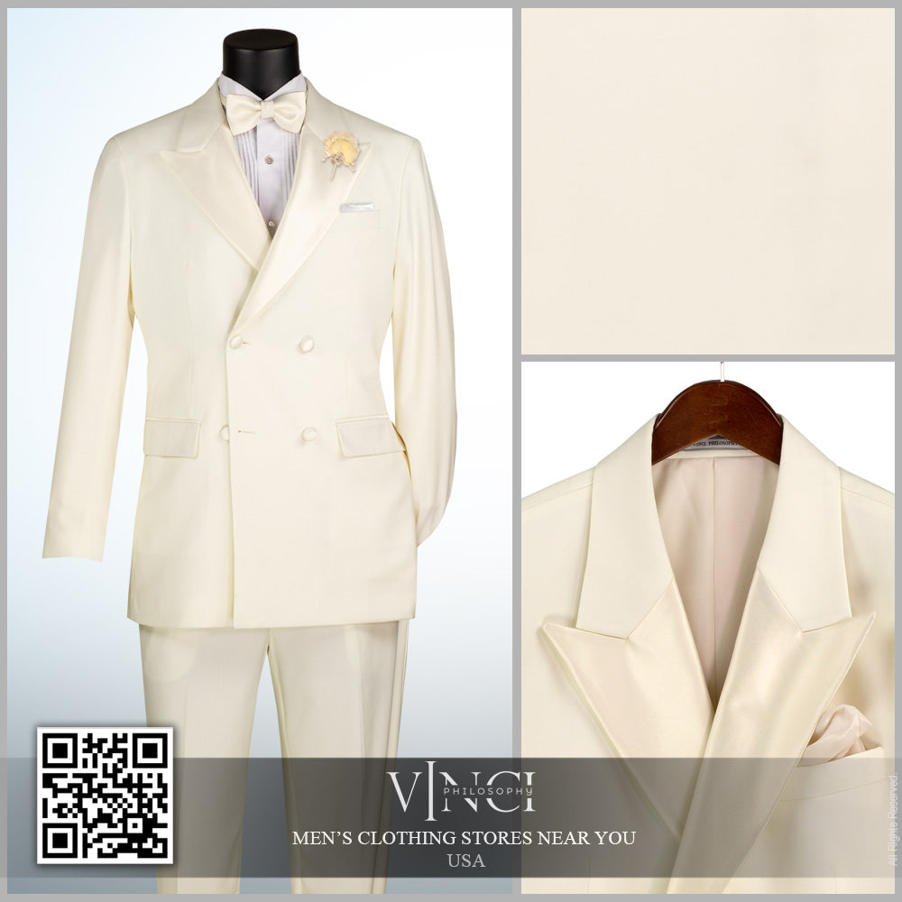 Vinci Double Breasted Regular Fit Tuxedo w/Matching Bow tie & Adjustable Waistband (Ivory)