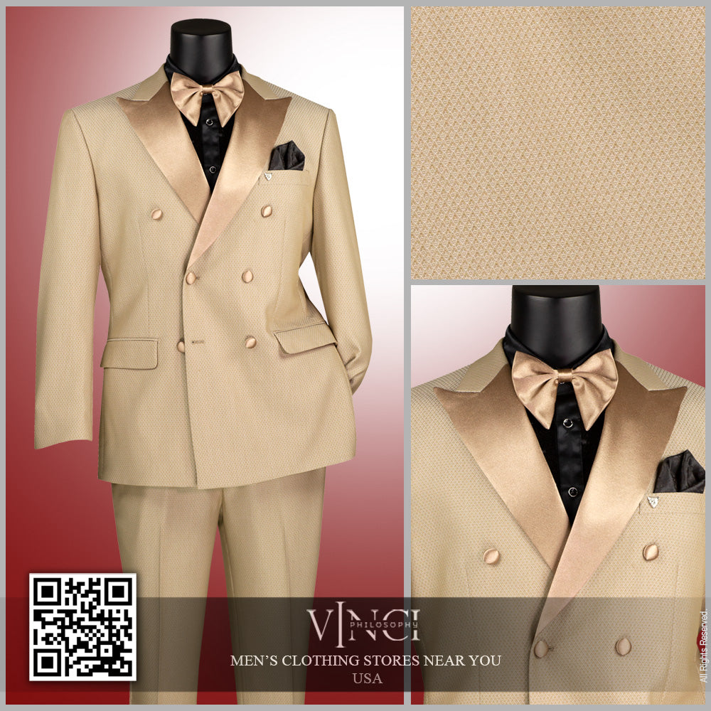 Vinci Double Breasted Modern Fit 2pc Tuxedo w/Matching Bow Tie (Beige)