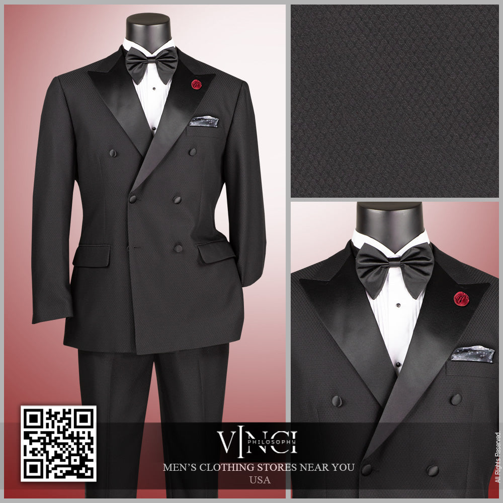 Vinci Double Breasted Modern Fit 2pc Tuxedo w/Matching Bow Tie (Black)