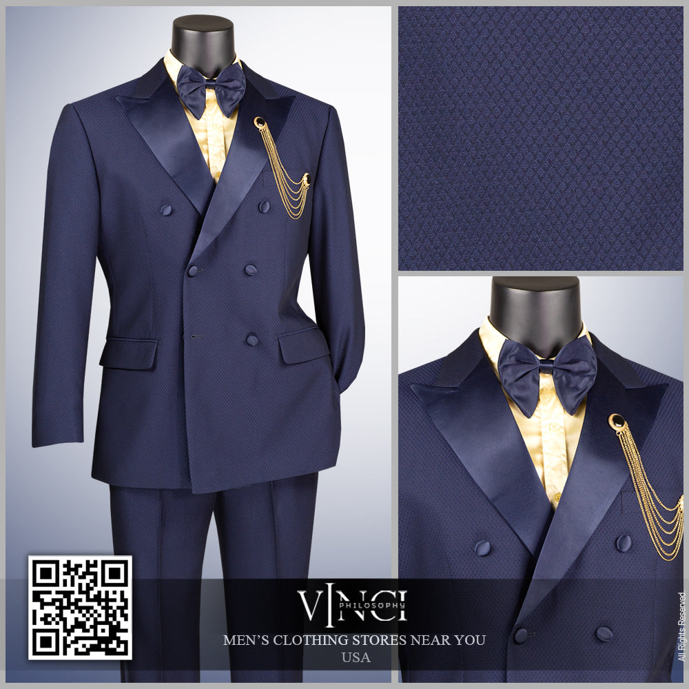 Vinci Double Breasted Modern Fit 2pc Tuxedo w/Matching Bow Tie (Navy)