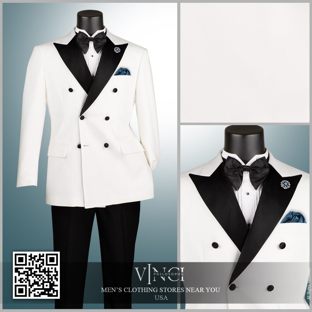 Vinci Double Breasted Modern Fit 2pc Tuxedo w/Matching Bow Tie (White)