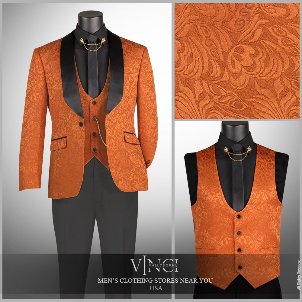 Vinci Slim Fit Vested Jacquard Fabric 1 Button Fashion Tuxedo (Caramel)