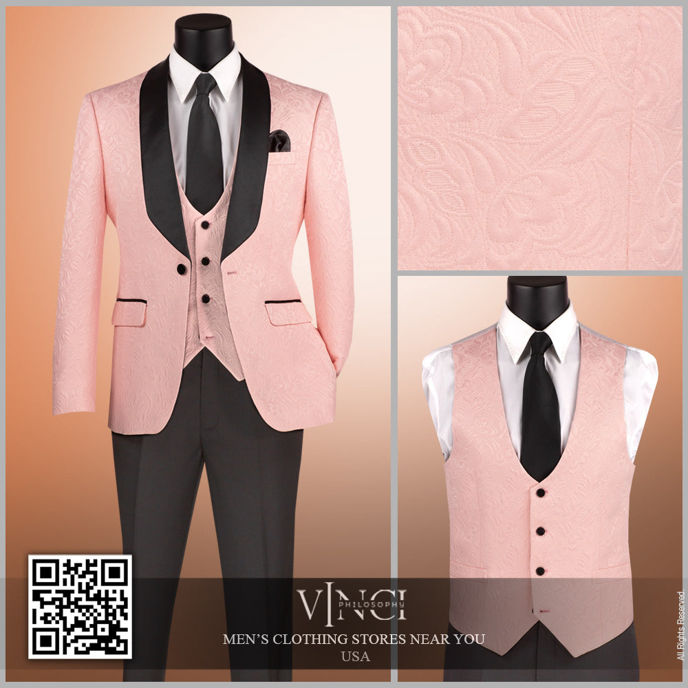 Vinci Slim Fit Vested Jacquard Fabric 1 Button Fashion Tuxedo (Pink)