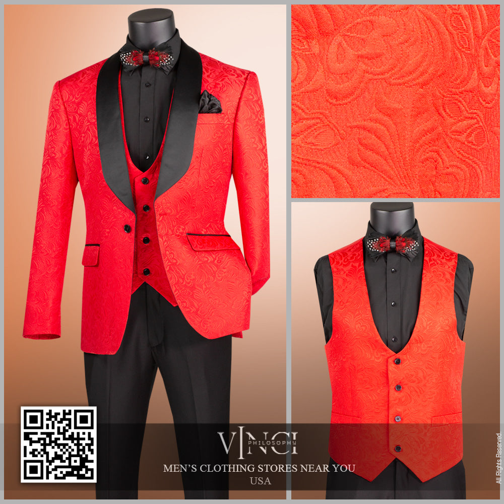 Vinci Slim Fit Vested Jacquard Fabric 1 Button Fashion Tuxedo (Red)