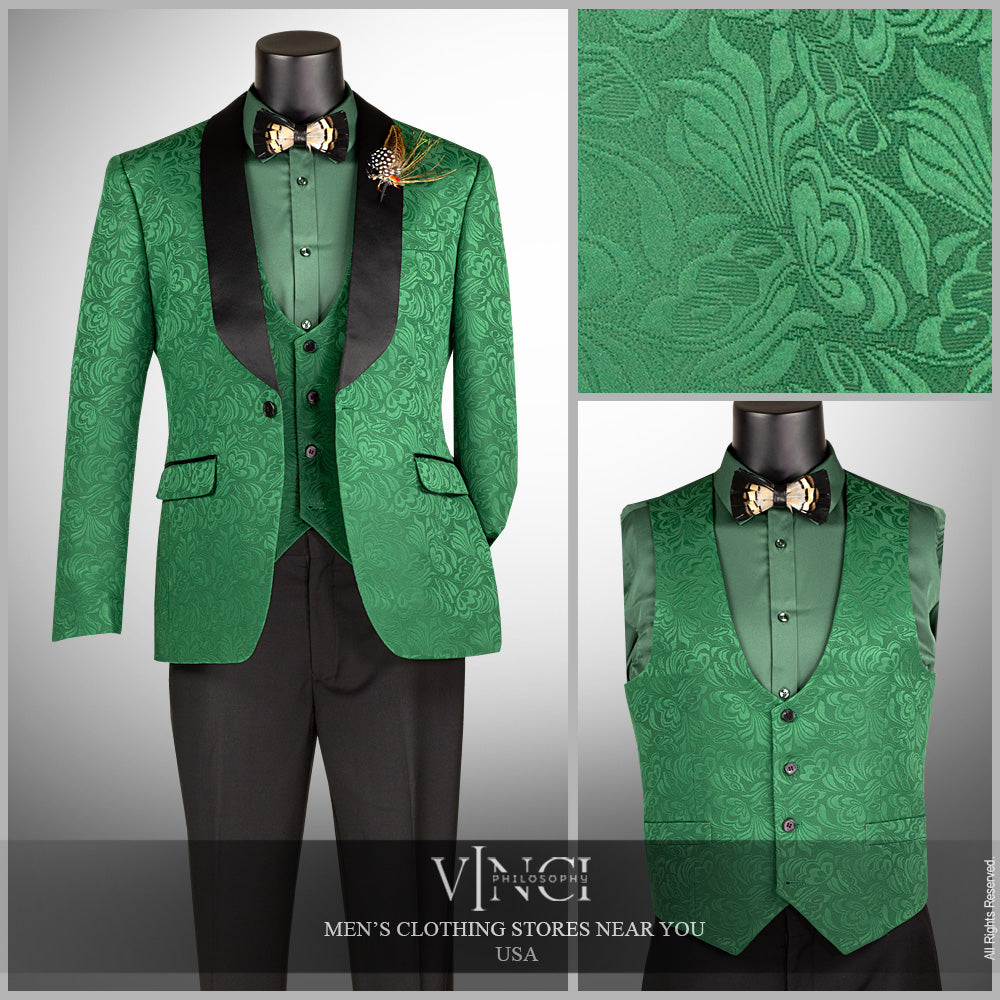 Vinci Slim Fit Vested Jacquard Fabric 1 Button Fashion Tuxedo (Green)