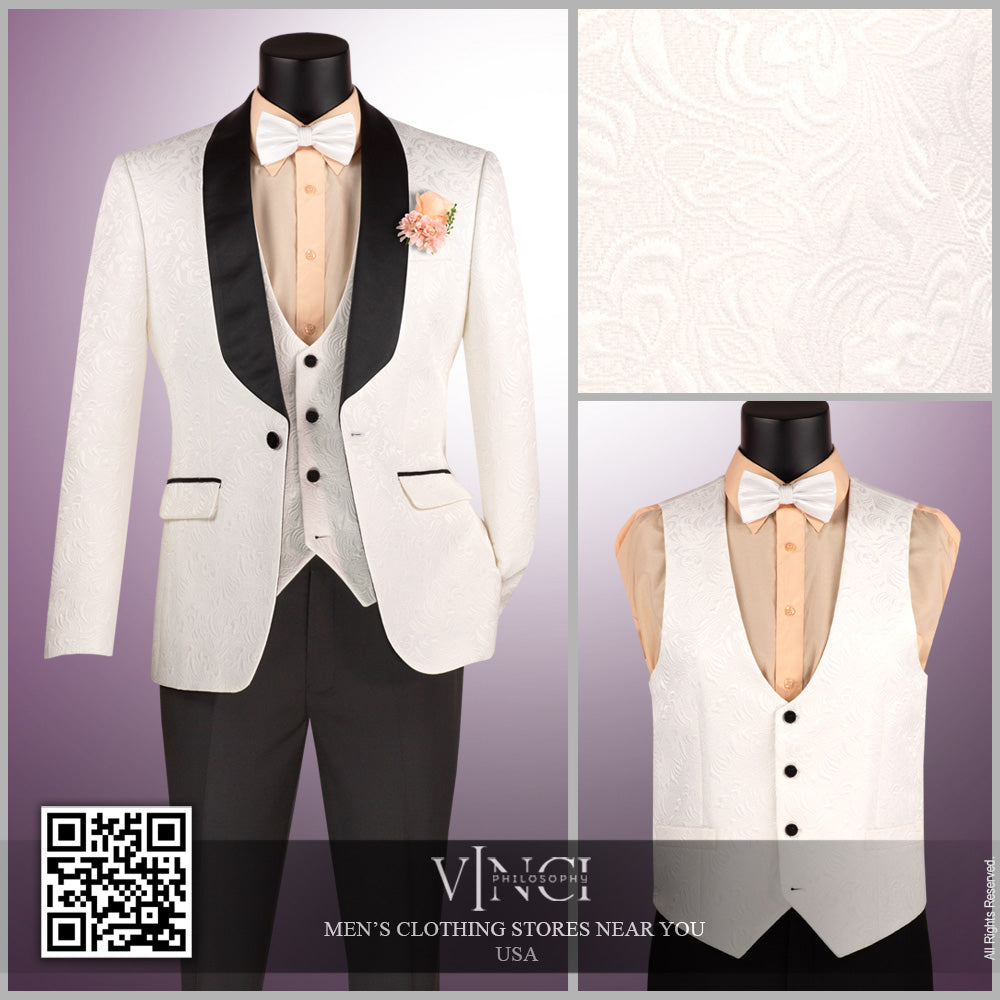 Vinci Slim Fit Vested Jacquard Fabric 1 Button Fashion Tuxedo (White)