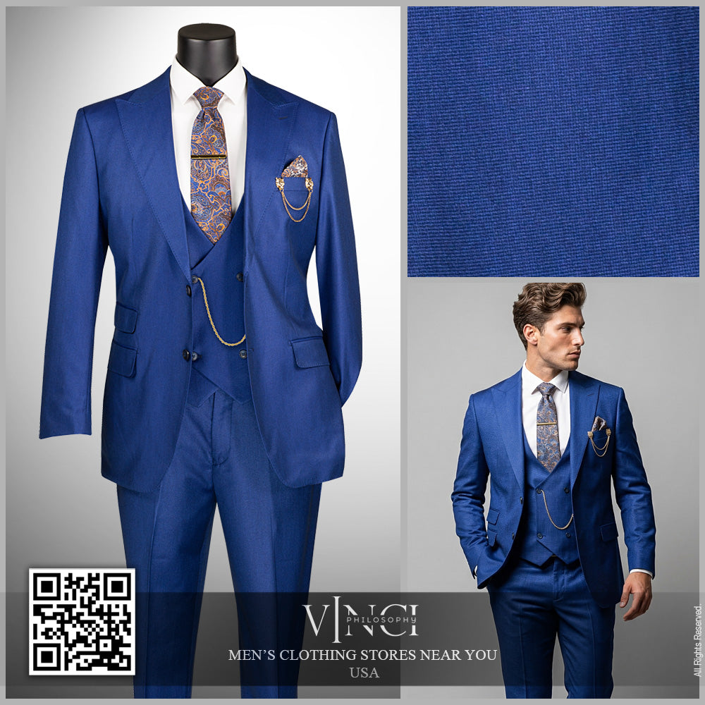 Vinci Classic Fit 3pc w/Double Breasted Vest + Adjustable Waistband (Estate Blue)