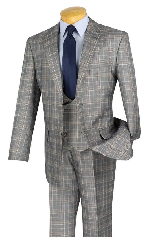 Vinci Classic Fit 3pc Plaid Suit (Gray)