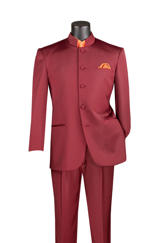 Vinci Classic Fit Banded Collar Suit (Burgundy)