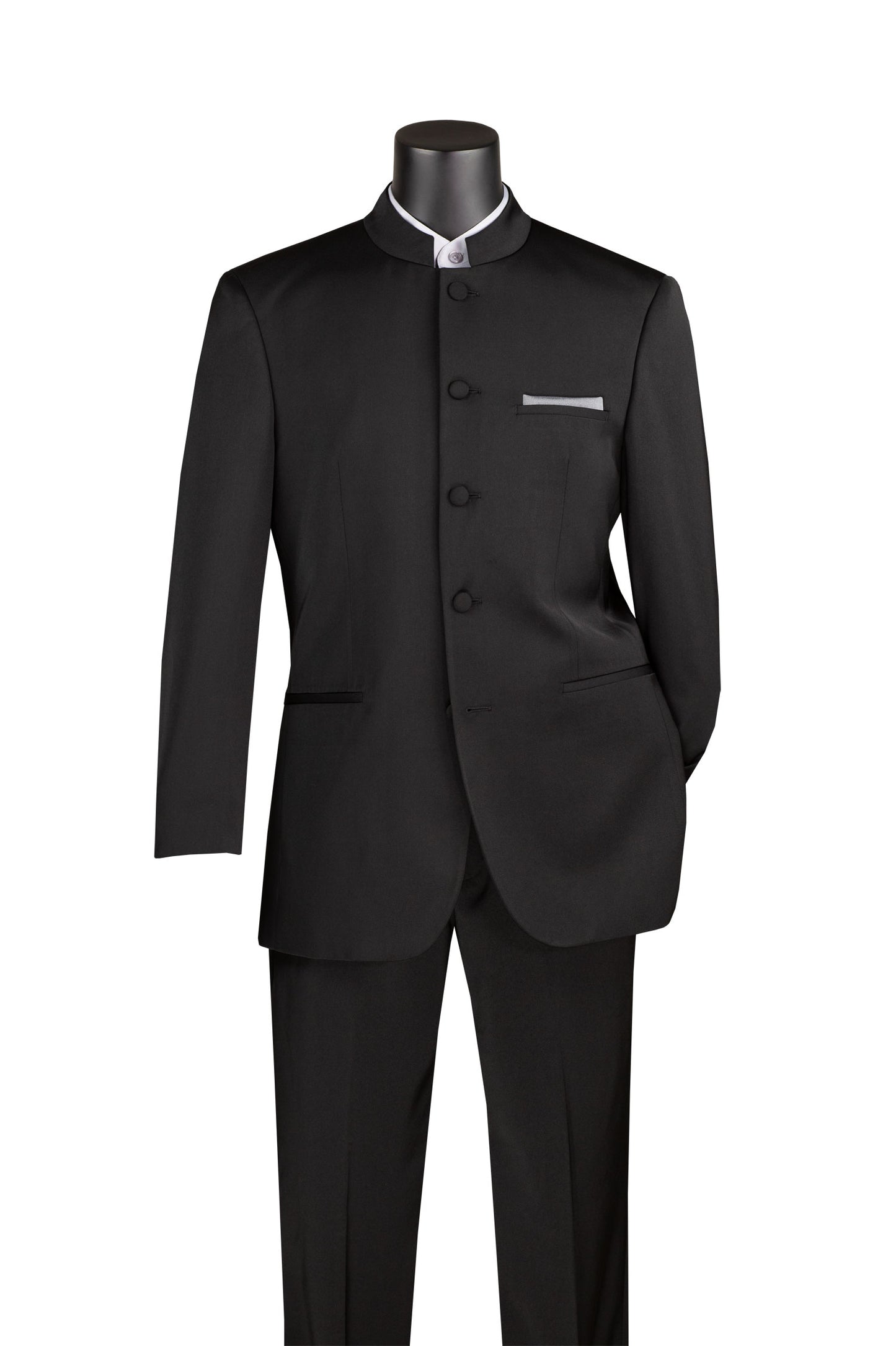 Vinci Classic Fit Banded Collar Suit (Black)