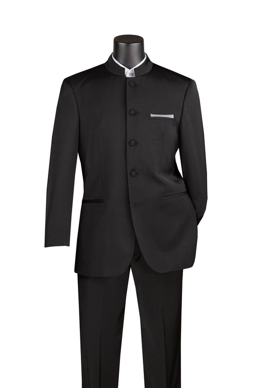 Vinci Classic Fit Banded Collar Suit (Black)