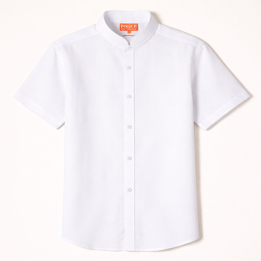 Inserch Short Sleeve Banded Collar Linen Shirt